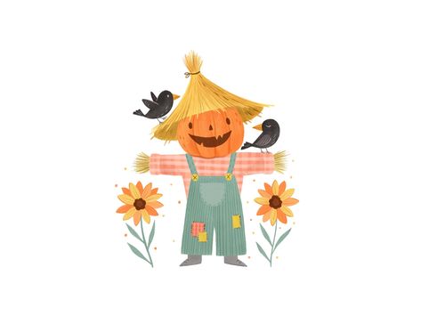 Scarecrow Illustration Character Design, Scarecrow Illustration Cute, Pumpkin Scarecrow Drawing, Easy Scarecrow Drawing, Cute Pumpkin Illustration, Cute Scarecrow Drawing, Pumpkin Patch Illustration, Scarecrow Cute, Scarecrow Illustration