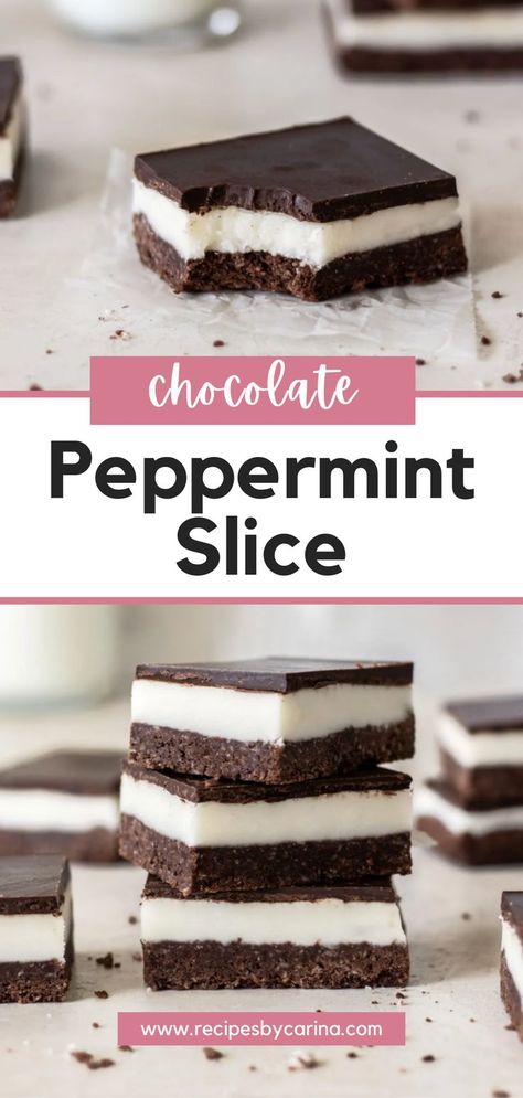 Peppermint Slice with a bite taken out of it, and a stack of them on a neutral background. Creative Baking Recipes, Liquorice Recipes, Peppermint Slice, Slice Recipes, Peppermint Truffles, Peppermint Dessert, Powdered Sugar Icing, Peppermint Crisp, Rice Bubbles