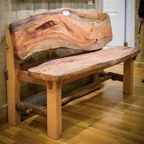 Homemade Wood Bench, Live Edge Furniture Coffee Tables, Cedar Furniture Ideas, Live Edge Bench Entryway, Live Edge Projects Ideas, Log Benches, Wood Bench With Back, Deck Extension, Rustic Benches