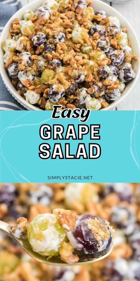 Two image collage of grape salad. First image is the salad in a bowl. Second image is the salad on a serving spoon. Grape And Apple Salad Recipe, Easy Grape Salad, Cream Cheese Dressing, Creamy Grape Salad, Perfect Salad Recipe, Grape Salad Recipe, Ranch Potato Salad, Picnic Side Dishes, Glazed Walnuts