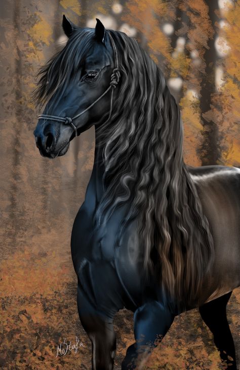 Black friesian horse digital painting procreate ipad pro Ahal Teke, 10 Animals, Magical Horses, Beautiful Horse Pictures, Beautiful Arabian Horses, Horse Art Print, Horse Artwork, Horse Wallpaper, Most Beautiful Horses