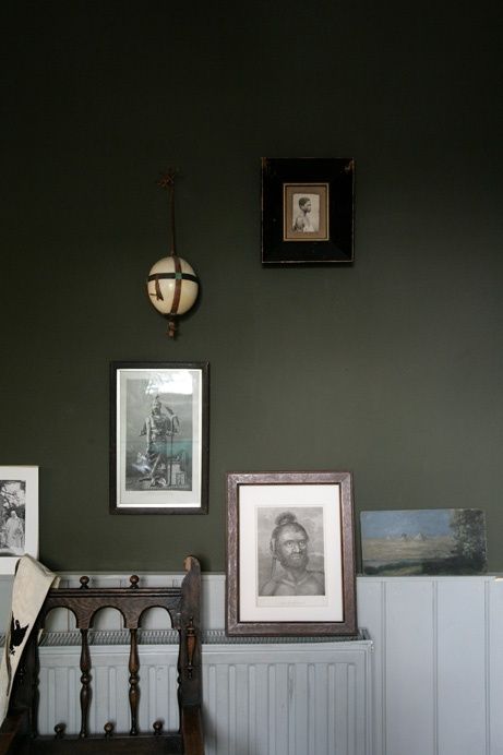 olive sage dark green walls (paint source unknown) Dark Green Hallway, Green Bathroom Paint, Hallway Wall Colors, Dark Green Living Room, Green Painted Walls, Sage Green Paint, Green Living Room Decor, Dark Green Walls, Green Hallway