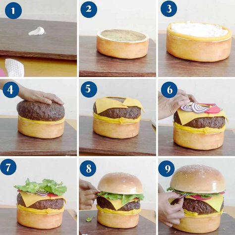 How To Make A Burger, Fast Food Cake, Cheeseburger Smash Cake, Cake Burger, Burger Cake Ideas, Hamburger Cake Ideas, Cheeseburger Cake Ideas, Burger Cake Birthday, Hamburger Birthday Cake