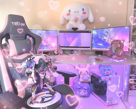 ✧˖° D I A N A 🧸 °˖✧ on Instagram: “I can’t stop looking at this photo I enjoy it so much! I recently ordered some art so the walls arnt just white anymore!  Chair :…” Gamer Girl Room, Gamer Room Diy, Gaming Desk Setup, Kawaii Bedroom, Gamer Setup, Otaku Room, Gamer Room Decor, Video Game Room Design, Video Game Rooms