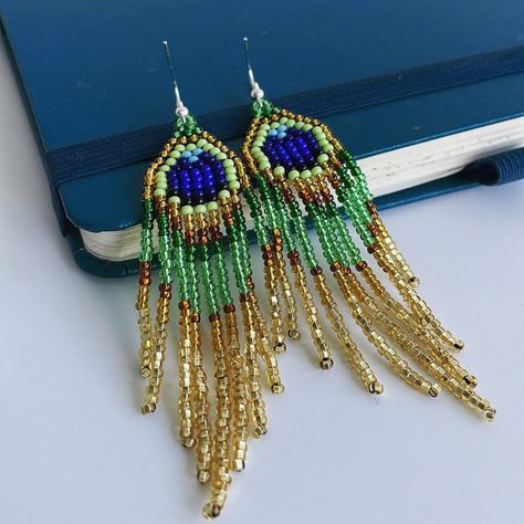 Peacock Seed Bead Earrings, Peacock Beaded Earrings, Beaded Peacock Feather, Earrings Gold Long, Feather Chandelier, Handwoven Earrings, Long Beaded Earrings, Blue Tassel Earrings, Earrings Tassel