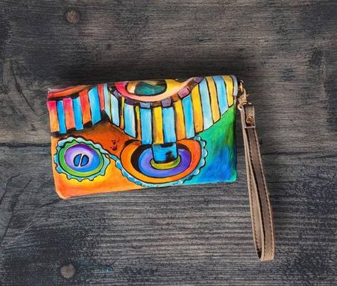 Painted Wallet, Painted Clutches, Handpainted Bags, Wallet Design, Painted Bags, Handmade Clutch, New Media Art, Abstract Acrylic Painting, Women Birthday