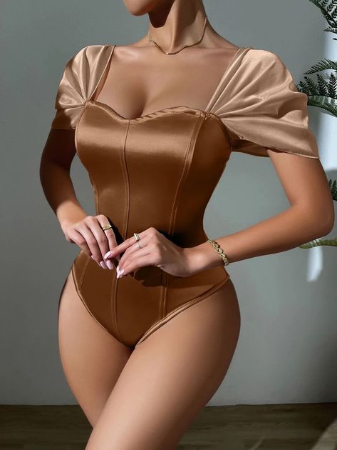 Sweetheart Neck Satin Bodysuit | SHEIN Elegant Bodysuit, Lingerie Satin, Body Lingerie, Corset Bodysuit, Preppy Prom, Comfy Jumpsuits, Business Formal Dress, Corset Bustier, Formal Dresses Gowns