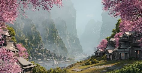 ArtStation - Japan Fantasy, Maxim Garipov Fantasy Japan, Japan Spring, Fantasy Town, Japan Landscape, Landscape Concept, Chinese Landscape, Spring Landscape, Fantasy City, Fantasy Places