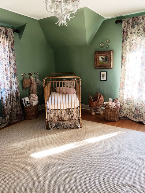 Irish Nursery Theme, Blush Pink And Green Nursery, Blue Green Pink Nursery, Vintage Green Nursery, Moss Green Nursery, Green Vintage Nursery, Cottage Nursery Vintage, Cottage Core Baby Nursery, English Country Nursery