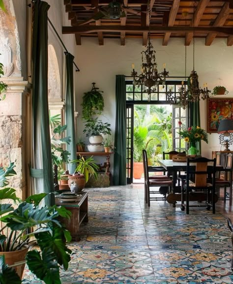 Mexican Hacienda Living Room, Spanish Colonial Interior Design, Hacienda Interior Design, Spanish Style Home Interior, Lots Of Plants, Hacienda Style Homes, Colonial Interior, Mexican Home Decor, Spanish Style Home