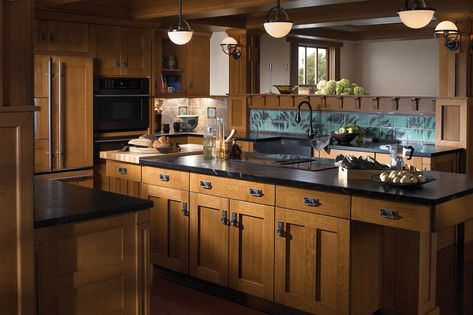 Mission Style Kitchen Cabinets, Mission Style Kitchens, Craftsman Living Rooms, Craftsman Style Kitchens, Craftsman Style Kitchen, Hickory Kitchen Cabinets, Arts And Crafts Kitchen, Hickory Kitchen, Moen Kitchen Faucet