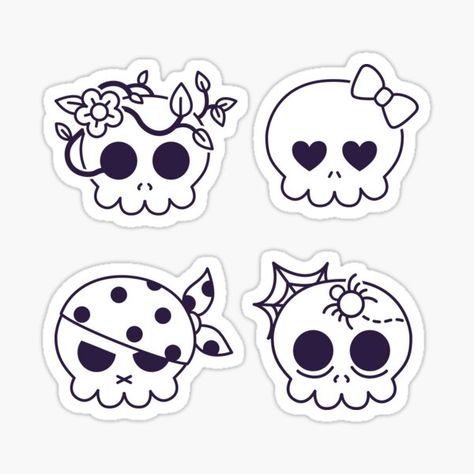 Skull Tattoos Cute, Cute Skull Doodle, Creepy Cute Stickers, Kawaii Skull Drawing, Skeleton Cute Drawing, Halloween Theme Drawings, Halloween Drawings Skeleton, Emo Doodles Creepy Cute, Edgy Doodles Aesthetic