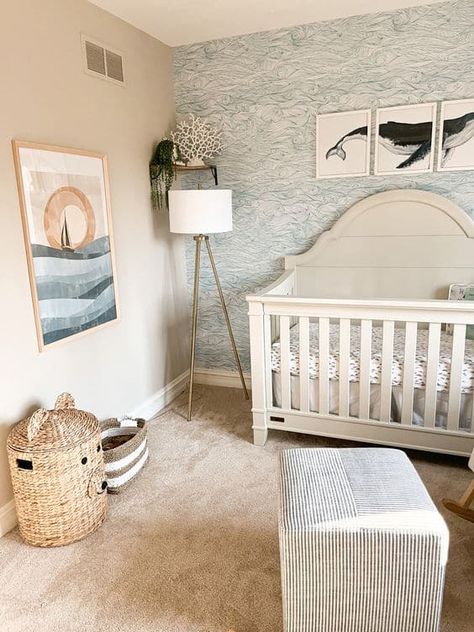 22 Calming Coastal Nursery Decorating Ideas » Lady Decluttered Jonah And The Whale Nursery, Nursery Room Inspiration Ocean, Ocean Themes Nursery, Boho Nautical Nursery, Ocean Theme Nursery Boy, Baby Boy Ocean Theme Nursery, Oyster Nursery, Whale Nursery Theme, Coastal Nursery Neutral