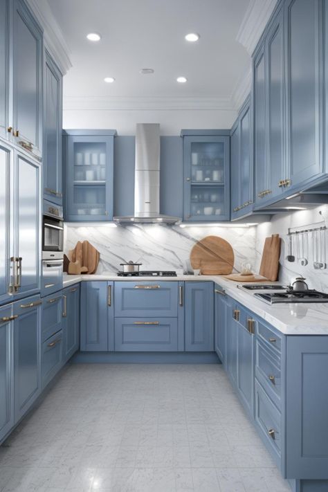 Blue Marble Kitchen Island, Modern Blue Kitchen Cabinets, Kitchen Design Blue Cabinets, Blue Cabinets With White Countertops, Blue And Gold Kitchen Decor, Blue Marble Kitchen, Light Blue Kitchen Ideas, Powder Blue Kitchen, Modern Kitchen Cabinet Colors