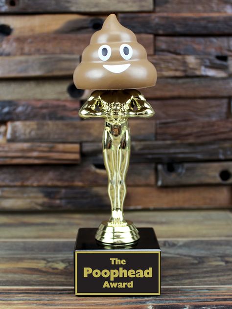 Know someone who performs like a poophead? Reward them with this AWESOME poop emoji trophy. Personalize the plate to make it especially for them.   (www.AwesomeSportsAwards.com)  #AwesomeSportsAwards #PoopheadAward #PoopEmoji #PoopHead #Trophy #Custom #Awards #Engraving Game Trophies, Poop Party, Funny Trophies, Diy Trophy, Trophy Ideas, Olympic Theme Party, Family Football, Olympic Theme, Trash Talk