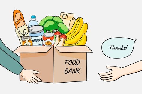 Vector hand drawn flat design food bank ... | Premium Vector #Freepik #vector #food-bank #food-illustration #food-flat #tasty-food Food Bank Donations, Bank Illustration, Charity Poster, Grocery Sign, Pantry Sign, Food Wastage, Carnival Posters, Needy People, Food Donation