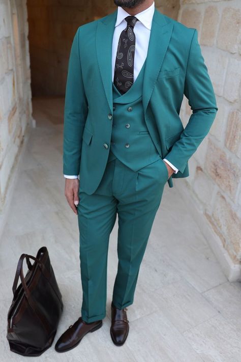 Channel the elegance of nature with our Green Slim-Fit Suit 3-Piece by VIOSSI, a sophisticated choice for the modern man. The deep green color evokes the serenity of the forest, while the slim-fit silhouette ensures a sleek and polished look that's perfect for any formal affair. #suits #suit #greensuit #menattire #formalwear #singlebreasted #menstyle Three Piece Suits, Double Breasted Tuxedo, Suit Stores, Suit Styles, Slim Fit Suit Men, Deep Green Color, Slim Fit Tuxedo, Green Suit, Slim Fit Suits