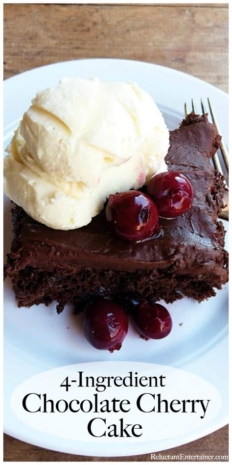 EASY 4-Ingredient Chocolate Cherry Cake recipe is moist, tasty, and the perfect holiday dessert, served with Vanilla Ice Cream! #chocolate #chocolatecake #4ingredients #4ingredientchocolatecherrycake #chocolatecherry #reluctantentertainer #easydessert Cherry Cake With Chocolate Frosting, Cherry Chocolate Cake Easy, Chocolate Cherry Almond Cake, Cherry And Chocolate Desserts, Chocolate Cherry Brownies Easy, 4 Ingredient Cake Recipes, Chocolate Cherry Cake Easy, Cherry Cake Ideas, Cherry Chocolate Brownies