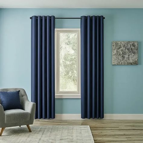 What Color Curtains Go With Blue Walls? (21 Gorgeous Options) - Home Deviser Curtains For Blue Walls Bedroom, Blue Wall With Curtains, Blue Curtains Bedroom, Color Curtains, Blue Painted Walls, Blue Bedroom Walls, Blue Wall Colors, Light Blue Walls, Dark Blue Walls