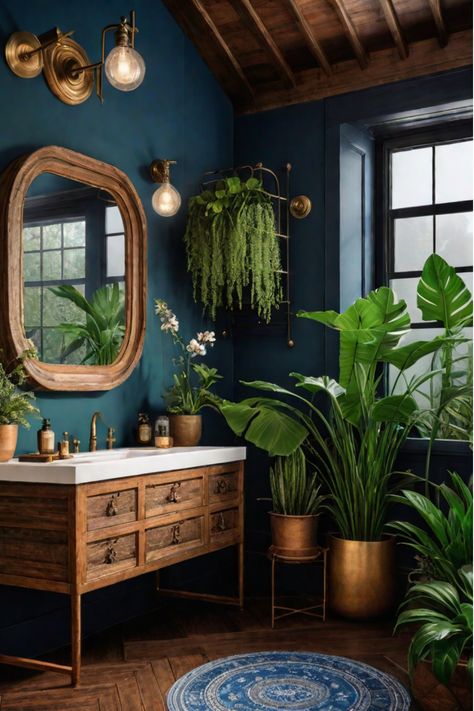 An upcycled vintage-style bathroom vanity with a statement mirror and accessories Small Dark Bathroom Ideas, Boho Bathroom Remodel, Bold Bathroom Ideas, Navy Bathroom Ideas, Blue Bathroom Walls, Dark Blue Bathrooms, Funky Bathroom, Teal Bathroom Ideas, Navy Blue Bathrooms