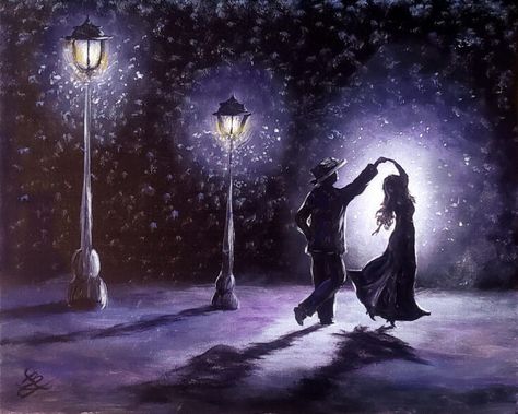 Landscape Night Painting, Painting Ideas On Canvas Romantic, Romantic Winter Aesthetic, Dancing In The Snow Couple, Winter Aesthetic Painting, Snow Drawing Winter, Easy Couple Painting Ideas, Winter Acrylic Paintings, Winter Night Painting