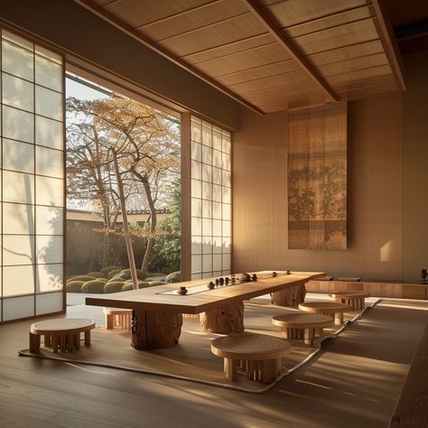 The individual guest area of the teahouse is mainly dark beige, showing a Japanese simple style, with designed log chairs and large floor-to-ceiling windows. Sunlight shines in the room through the windows. It is paired with eight log wood grain chairs and two log wood grain chairs. The table, simple lighting design, and the design look more fresh under the sunlight outside the window --v 6   --style raw Japanese Tea House Interior, Japanese Tea Shop, Tea House Interior, Japanese Tea Table, Tea Area, Japanese Tea Room, Japanese Bath House, Log Chairs, Side Sofa