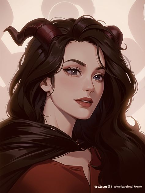 Long Hair Female Character Design, Minotaur Female Character Design, Woman With Horns Art, Female Teifling Art, Half Tiefling Half Human, Tiefling Ranger Female, Dnd Tiefling Female Character Design, Female With Horns, Red Tiefling Woman