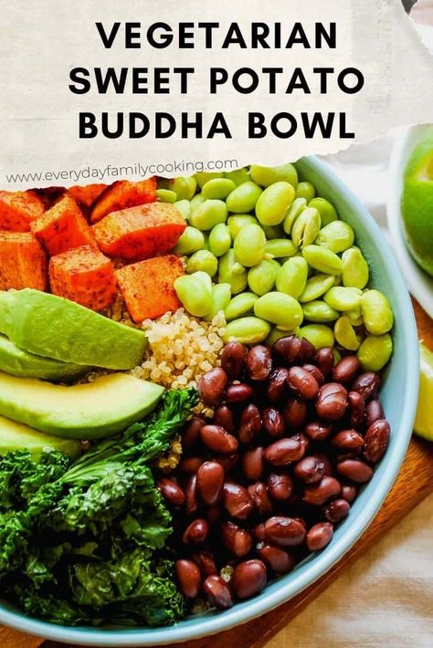 Easy vegetarian buddha bowl with quinoa and roasted sweet potatoes. Enjoy this healthy quinoa bowl that’s perfect for meal prep lunches. It’s a clean eating healthy recipe that includes avocado, black beans, and Mexican sweet potatoes. It’s hands down delish! #buddhabowl #grainbowl #vegetarian #healthybowl Chili Lime Sweet Potato, Vegetarian Buddha Bowl, Sweet Potato Buddha Bowl, Potato Buddha Bowl, Lime Sweet Potato, Quinoa Edamame, Vegetarian Air Fryer Recipes, Vegetarian Air Fryer, Buddha Bowl Recipe