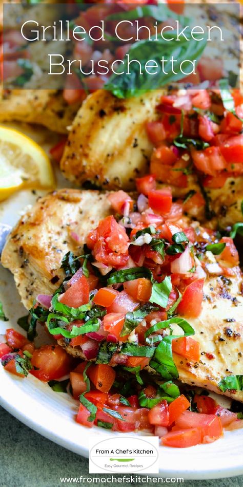 Italian-inspired grilled Bruschetta Chicken is light, fresh, healthful, and easy as summer itself. Juicy marinated, grilled chicken breasts are topped with a vibrant mix of tomatoes, basil, garlic, and balsamic vinegar, making it a perfect dish for casual summer gatherings or simple weeknight dinners. Chicken Breast With Tomatoes, Chicken Recipes With Basil, Baked Chicken Balsamic Recipes, Light Chicken Recipes Healthy, Balsamic Basil Chicken, Chicken With Fresh Tomatoes Recipes, Chicken Basil Tomato Recipes, Chicken Breast Tomato Recipes, Chicken And Basil Recipes