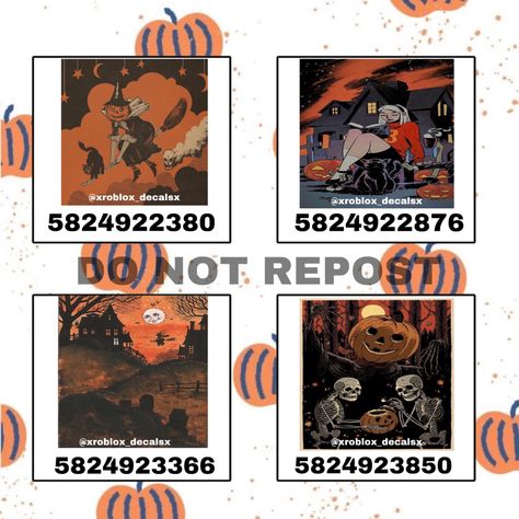 My decals can be found on instagram @xroblox_decalsx Roblox Bloxburg Halloween Decals, September Decals Bloxburg, Roblox Picture Id Codes Halloween, Halloween Picture Decals Bloxburg, Bloxburg Halloween Painting Codes, Cute Halloween Decals Bloxburg, Bloxburg Decals Codes Wallpaper Autumn, Blocksburg Halloween Decals, Halloween Pictures Bloxburg