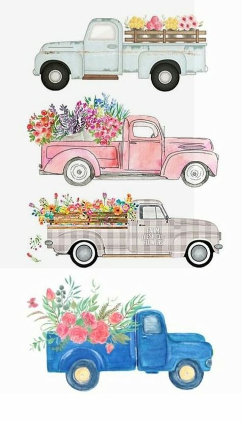 Vw Clipart, Truck With Flowers, Camper Art, Etiquette Vintage, Flower Truck, Truck Art, Canvas Painting Diy, Spring Painting, Vintage Truck