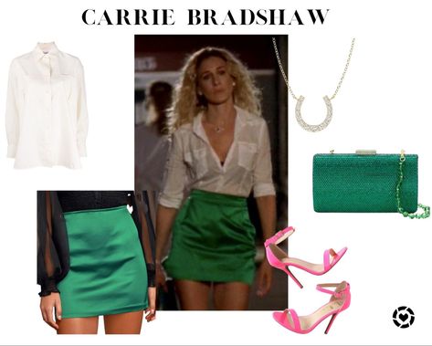 Carrie Bradshaw White Shirt, Carrie Bradshaw Outfits 90s, Carrie Outfits, Green Satin Skirt, Green Skirt Outfits, Carrie Bradshaw Outfits, Carrie Bradshaw Style, Satin Skirt Outfit, Green Clutch