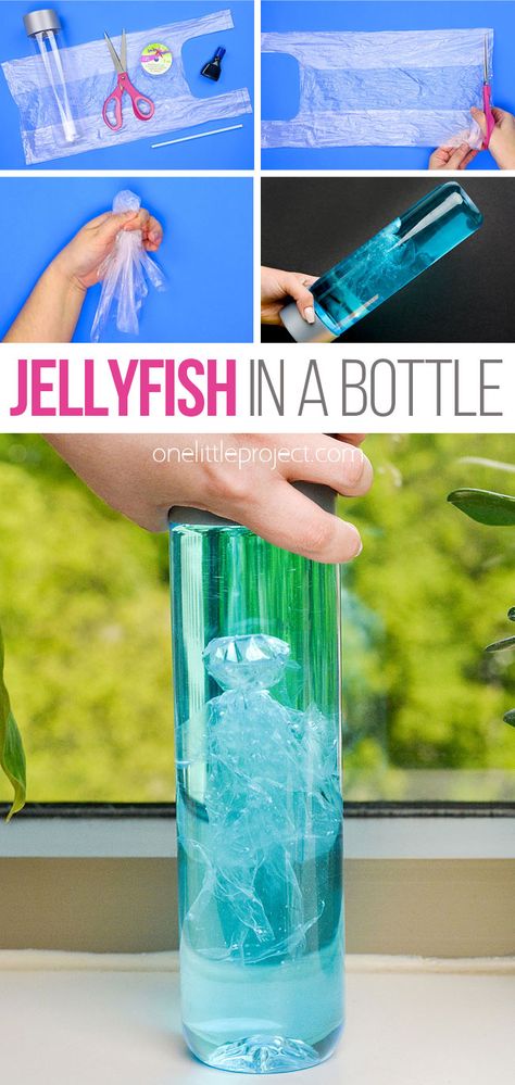 Jellyfish in a bottle Plastic Bag Jellyfish Craft, Under The Sea Theme Preschool Science Ocean Activities, Beach Theme Science Experiments, Plastic Bag Jellyfish, Wave Bottle For Kids, Mason Jar Aquarium Kids, Scuba Vbs Crafts For Older Kids, Kids Summer Science Experiments, Recycled Jellyfish Craft