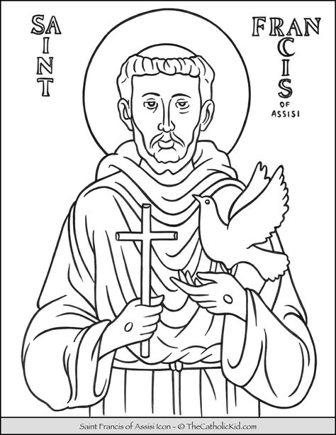 Saint Francis of Assisi Icon Coloring Page - TheCatholicKid.com St Francis Of Assisi Drawing, Saint Coloring Pages, Catholic Coloring Pages, San Damiano Cross, Cross Coloring Page, Saint Coloring, Saint Francis Of Assisi, Lives Of The Saints, Dibujo Simple