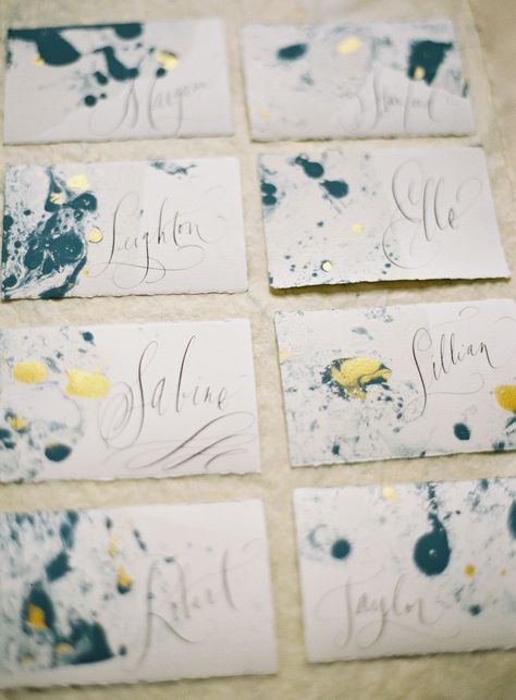 Stephanie Fishwick Marbled Paper Place Cards by Joey Kennedy Dinner Party Place Cards, Door Decs, Ra Ideas, Marbled Paper, Paper Place, Party Places, Marble Paper, Bottle Painting, Wedding Place Cards