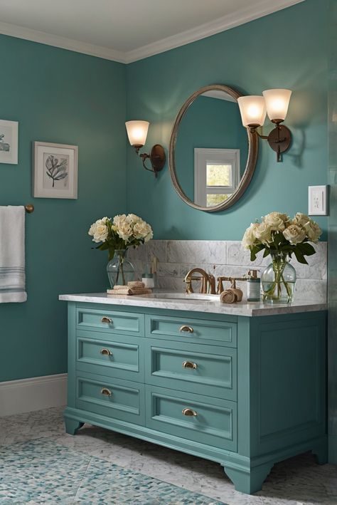 Dive into a soothing coastal bathroom retreat with soft teal shades of Tame Teal (SW 6757). Follow along for daily interior designer routines and décor tips! #Ad #homedecor #homedesign #bathroom #Painthome interiorarchitecture best Wall Colors for Bathroom Colors
Bright Room Colors
best colors combinations bathroom
bathroom Remodeling
Modern Paint Colors
2024 Teal Bathroom Paint Colors, Soft Turquoise Paint Colors, Light Teal Bathroom, Aqua Bathroom Ideas, Bathroom Wall Paint Colors, Teal Bathroom Paint, Bright Bathroom Ideas, Light Aqua Paint, Bright Colored Bathrooms