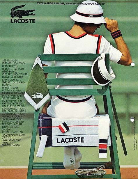 Lacoste Tennis Ad Vintage Retro 70s French Men Style, Tennis Aesthetic, René Lacoste, Fashion Ads, Golf Brands, Vintage Tennis, Evolution Of Fashion, Vintage Sportswear, Tennis Clubs