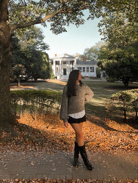 sweater + black skirt + tall boots Fall Outfits With Tall Black Boots, Black Skirt Tall Boots Outfit, Outfit With Long Black Boots, Styling Tall Black Boots, Tall Black Boots Outfit Fall, Outfits With Tall Black Boots, Tall Boots Outfit Fall Styles, Black Rain Boots Outfit, Black Tall Boots Outfit