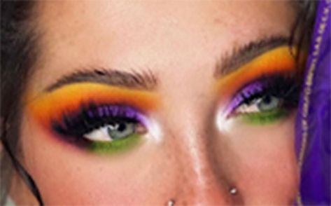 Ulta Beauty By @emirymyshell Purple, Green, Orange & Yellow Smokey Winged Eye Purple And Orange Eyeshadow Halloween, Green Purple Orange Eye Makeup, Green And Orange Eyeshadow Looks, Orange And Purple Eyeshadow, Orange Black Purple Green Halloween Nails, Orange Purple Eyeshadow, Orange Purple Makeup, Orange And Green Makeup, Purple And Orange Eyeshadow