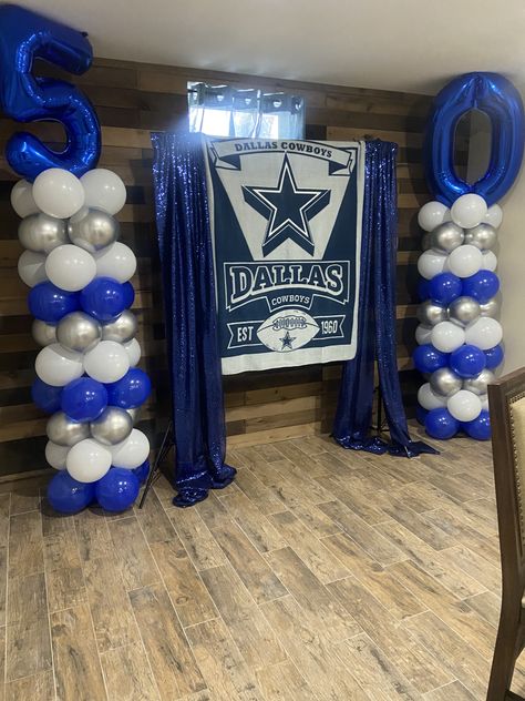 Dallas Theme Party, Cowboys Birthday Party Decorations, Dallas Cowboys Table Centerpieces, Cowboys Birthday Party Football, Dallas Cowboys 50th Birthday Party, Dallas Cowboy Theme Party For Adults, Dallas Cowboys Birthday Party Decoration, Dallas Cowboy Birthday Party, Dallas Cowboys Centerpieces Ideas