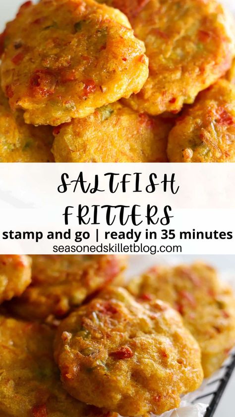 Saltfish Fritters, Salted Cod, Guyanese Recipes, Trinidad Recipes, Carribean Food, Jamaican Cuisine, Jamaican Dishes, Popular Appetizers, Appetizer Dishes