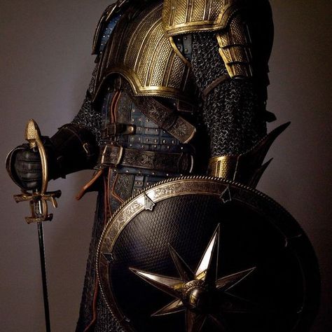 Gold, breastplate, chain mail, shield Armor Aesthetic, Virginia Mountains, Toni Stark, True Freedom, Dragon Age Origins, Into The West, The Boogeyman, Suit Of Armor, Fantasy Male