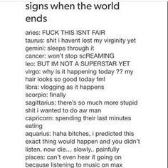 When The World Ends, Zodiac Funny, Zodiac Sign Traits, Friends Group, Zodiac Society, Zodiac Posts, Zodiac Signs Gemini, Zodiac Signs Aquarius, Zodiac Signs Horoscope