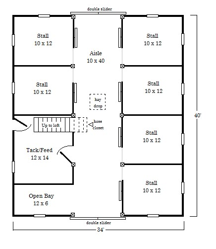 Barn Plan 1.  I imagine it in that black barn I have pinned on the same board, with a few door and window modifications 4 Stall Barn Layout, 6 Stall Horse Barn Plans, 4 Stall Horse Barn Plans, Barn Floor Plans, Horse Farm Layout, Feed Room, Barn Layout, Horse Farm Ideas, Diy Horse Barn