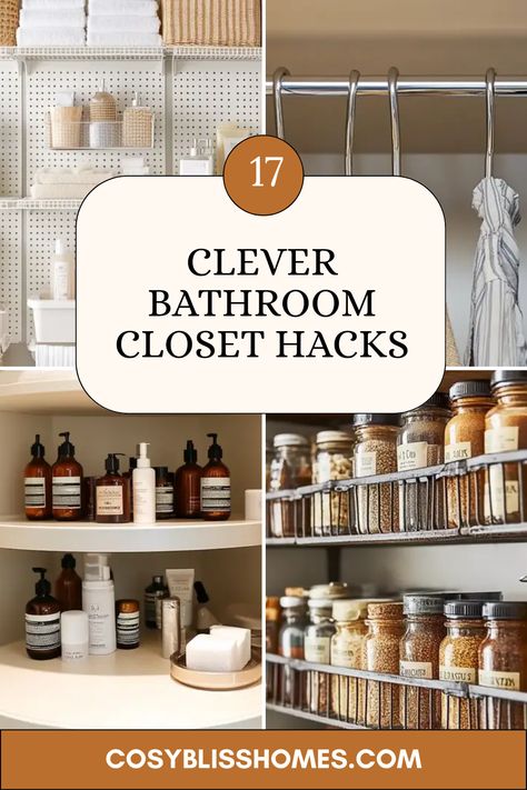 Bathroom clutter doesn’t stand a chance with these 17 clever closet organization hacks! Transform your tidying routine with practical solutions like pegboards, tension rods, and lazy Susans to maximize your space. Repurpose old spice racks into functional organizers and create an orderly environment that looks great too! Say goodbye to isles of chaos and hello to a serene bathing area. These unique ideas not only help find what you need quickly but also make your bathroom more stylish and efficient. Get ready to refresh your space now! Organize Bathroom Products, Bathroom Storage Closet, Closet Organization Hacks, Narrow Closet, Clever Closet, Bathroom Clutter, Bathroom Closet Organization, Bathroom Storage Hacks, Spa Inspired Bathroom