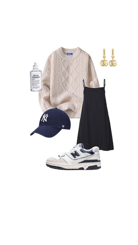 Sweater.cute simple dress. NYC Yankees hat. New balances. Earrings. Replica perfume! Cute Simple Dress, Replica Perfume, New Balances, Yankees Hat, Gucci Purse, Classic Style Outfits, Simple Dress, Cute Outfit, Fall Winter Outfits