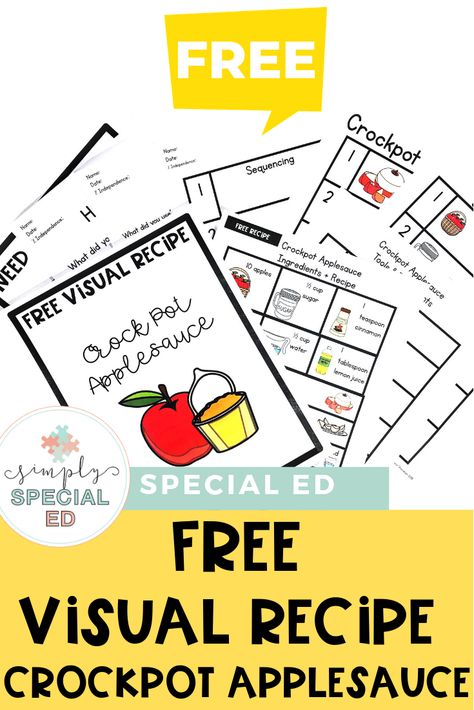 FREE Visual Recipe: Crockpot Applesauce - Simply Special Ed -  Use this freebie during the fall months in your special education room. It can work for elementary, middle, or high school students in a sped classroom. Click through to learn more and sign up now! It's great for cooking in the classroom at any time of year, but especially in August, September, October, or November. #FallActivities #CookingInTheClassroom #SpecialEducation Fall Sped Activities, Crockpot Applesauce Classroom, Classroom Applesauce, Special Education Cooking, Cooking Special Education, Life Skills Math Special Education, Visual Recipes Special Education, Visual Recipes For Kids, Free Visual Recipes Special Education