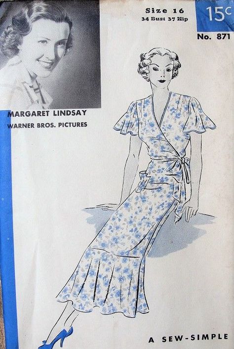 Margaret Lindsay, Hollywood Patterns, 1930s Dress Pattern, Wrapped Dress, Vintage Movie Stars, Wrap Dress Pattern, Farm Clothes, Amazing Crafts, Sew Simple