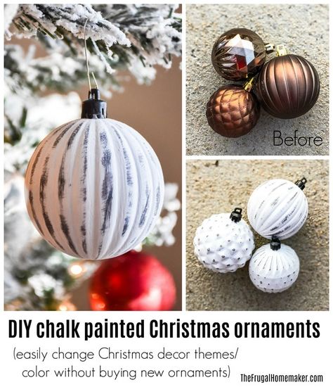 Diy Designer Christmas Ornaments, Update Christmas Ornaments, Bowl Of Christmas Ornaments, Make Your Own Ornaments Ideas, Old Ornaments Diy Craft Ideas, Chalk Paint Christmas Ornaments, Upcycle Ornaments Diy Projects, Natural Xmas Decor, Repurpose Christmas Ornaments