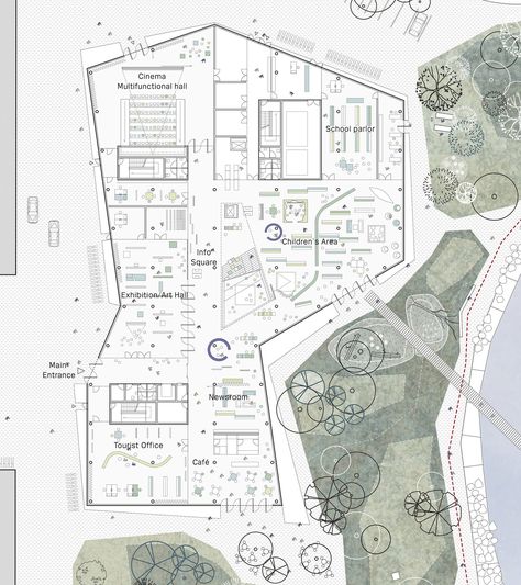 Image 6 of 8 from gallery of New Culture Centre and Library Winning Proposal / schmidt hammer lassen architects. ground floor plan Cultural Center Architecture, Library Plan, Museum Plan, Surfrider Foundation, Plans Architecture, Library Architecture, Cultural Centre, Concept Diagram, Site Plans